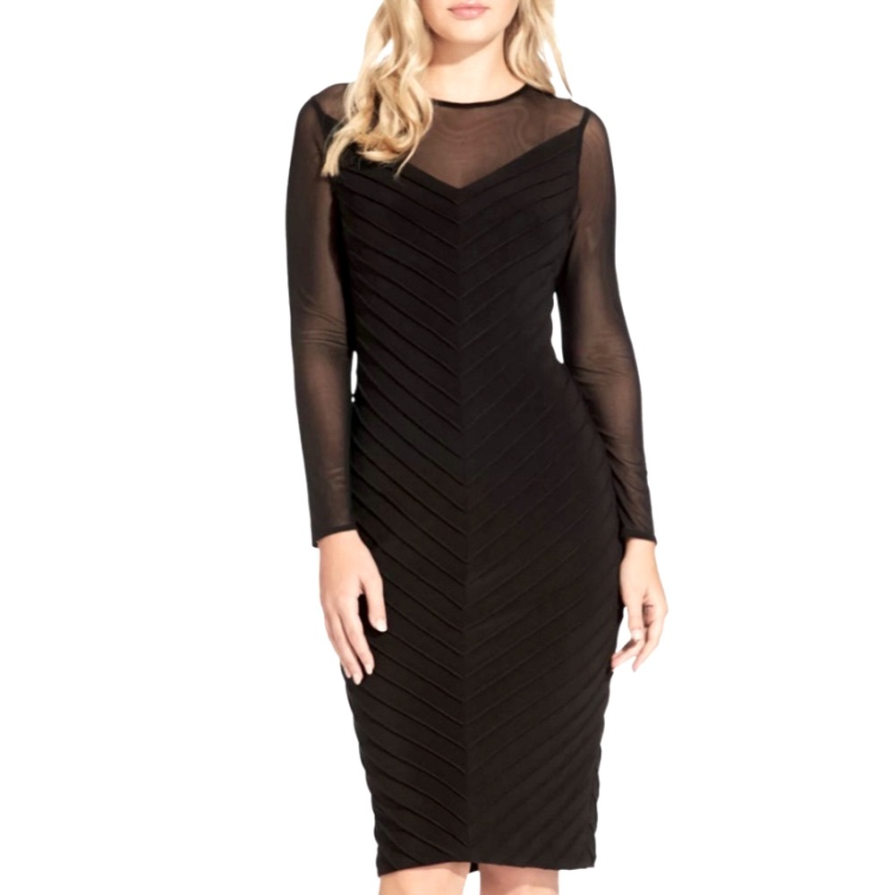 Adrianna Papell Black Mitered Pintuck Dress w/ Long Mesh Sleeves